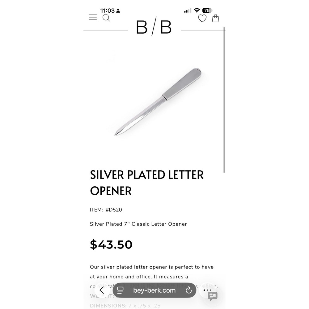 Vintage Bey-Berk Silver Plated Letter Opener D502 – 7.5" Desk Accessory – New